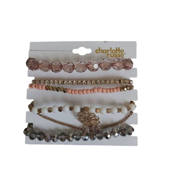 Charlotte Russe Set of 6 Gold Toned and Pink Assorted Beaded Elastic Bracelets - Picture 1 of 10